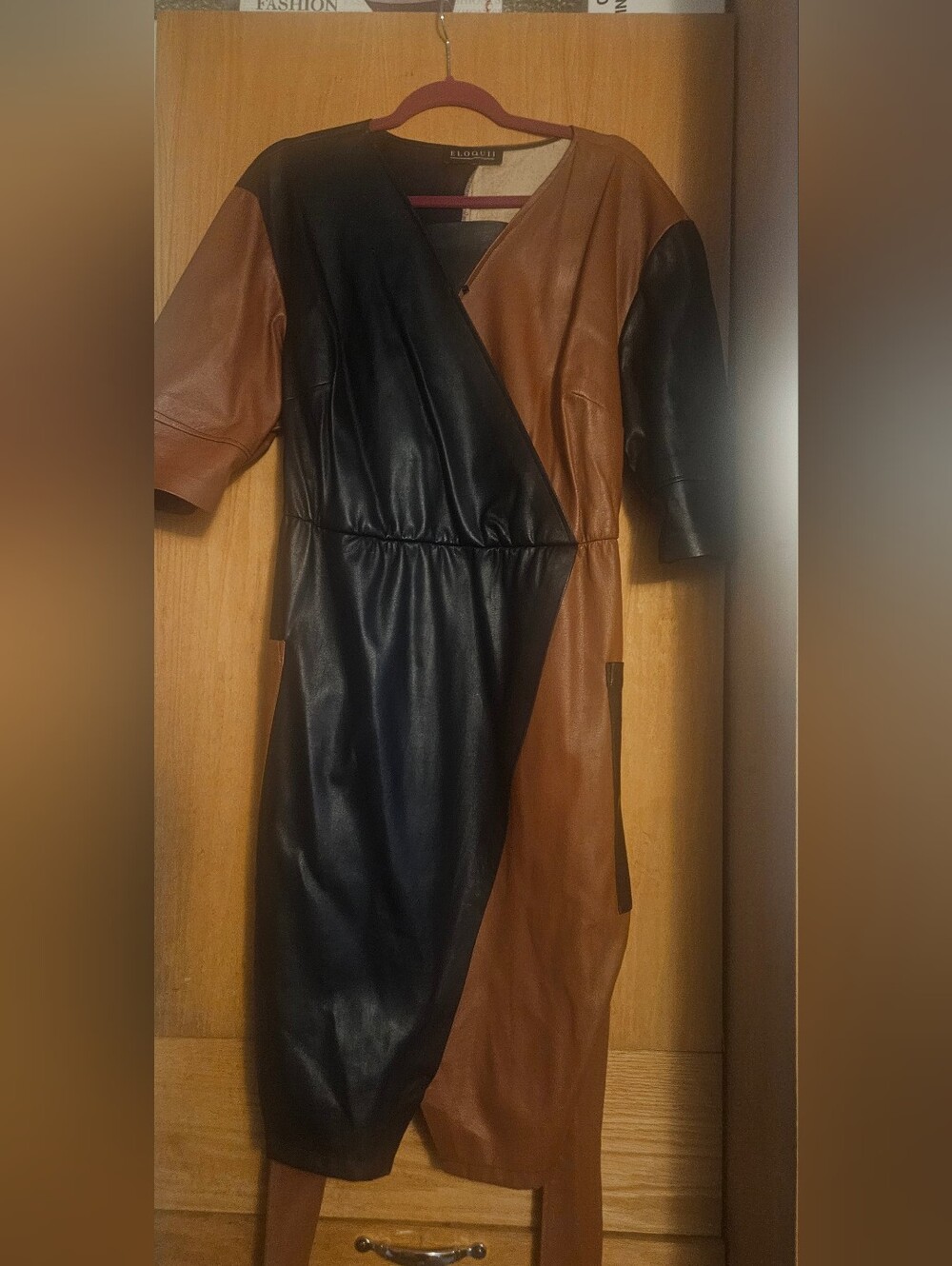 Eloquii Two-Tone Faux Leather Midi Dress — Black & Brown